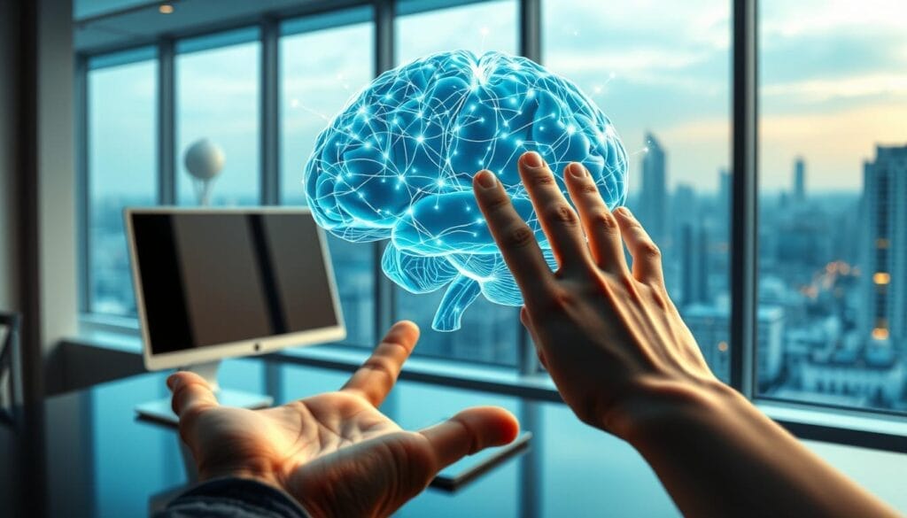 Immersive learning software for corporate training, with a stunning holographic display powered by the Hyperspace brand. A sleek, modern desktop scenario showcases a 3D model of a human brain, glowing with interconnected neural pathways. In the foreground, a hand gesture controls the visualization, while the background features a futuristic cityscape visible through a window. Soft, directional lighting creates depth and atmosphere, and the overall scene conveys the transformative potential of immersive learning to enhance cognitive engagement and knowledge retention.
