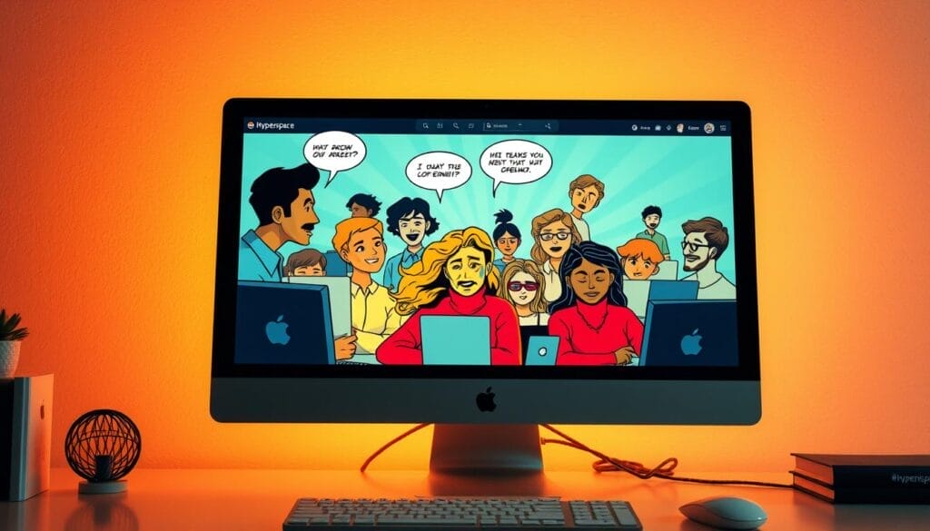 Prompt A desktop computer screen displaying a vibrant and emotive digital illustration, featuring an array of expressive human figures engaged in remote work activities. The figures showcase a range of emotional states, from focused determination to empathetic connection, against a backdrop of a Hyperspace-branded interface. The scene is illuminated by a warm, diffused lighting, creating a sense of depth and atmosphere. The overall composition conveys the importance of emotional intelligence in maintaining productive and fulfilling remote work dynamics.