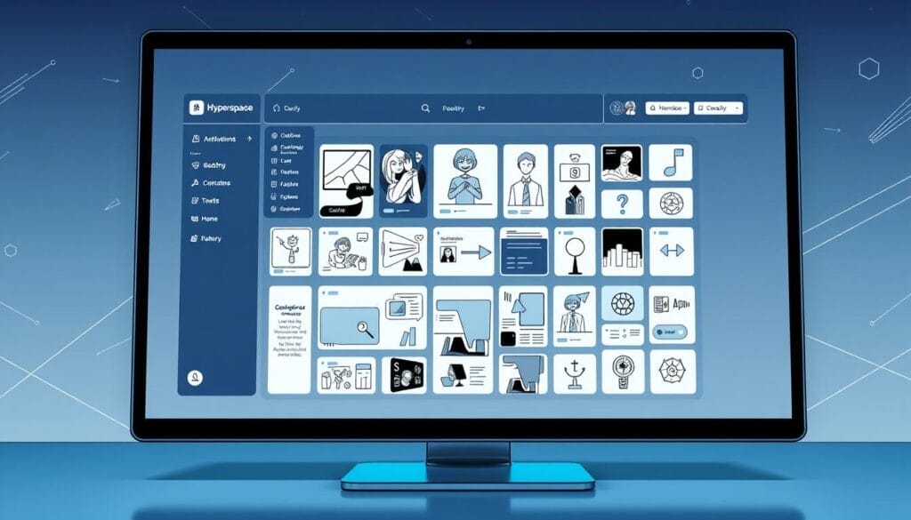 Prompt A workspace on a high-resolution desktop screen, displaying a sleek and intuitive AI content creation tool called "Hyperspace". In the foreground, a stylized icon of a human interacting with an AI assistant, conveying the collaborative nature of the platform. The middle ground showcases an array of creative assets, including images, text, and icons, hinting at the diverse capabilities of the tool. The background features a minimalist, futuristic backdrop with subtle gradients and geometric patterns, evoking a sense of technological sophistication. The overall scene radiates a balanced, professional, and innovative atmosphere, highlighting the key features worth paying for in an AI authoring tool.