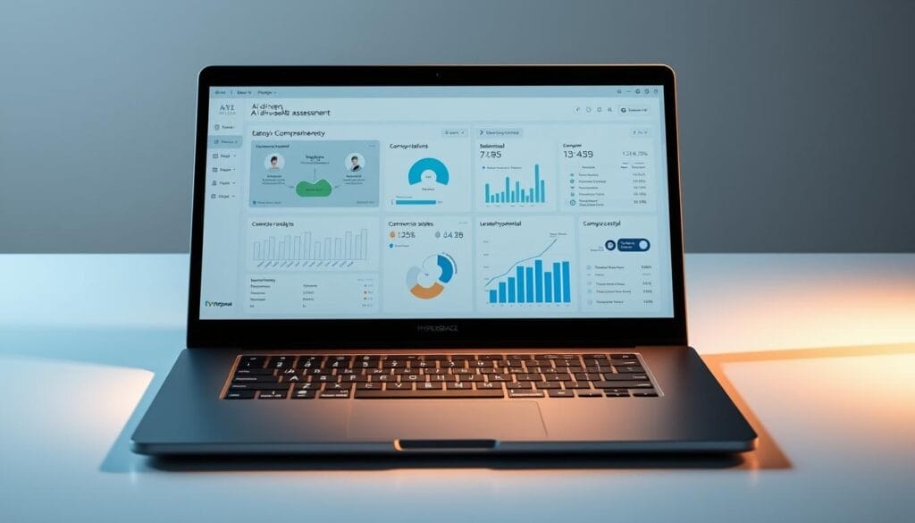 Sleek, minimalist desktop interface displaying a comprehensive "AI-driven Soft Skills Assessment" dashboard on a Hyperspace branded laptop. Elegant data visualizations, interactive charts, and intuitive UI elements provide deep insights into an individual's behavioral patterns, communication styles, and leadership potential. Soft lighting highlights the clean, modern design aesthetic, creating a calm, professional atmosphere. The composition emphasizes the seamless integration of AI-powered analysis with human-centric assessment, reflecting the theme of "Implementing Effective AI-Driven Soft Skills Assessment".