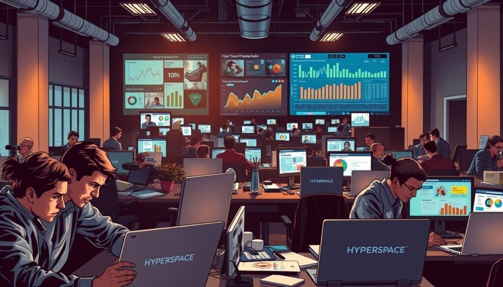 A bustling open-plan office, dimly lit with warm overhead lighting, conveying a sense of focused productivity. In the foreground, a team of sales professionals hunched over their Hyperspace-branded laptops, brows furrowed in concentration. Scattered across their desks, colorful charts, graphs, and sales reports hint at the challenges they face. The middle ground reveals a tangle of video call windows and collaboration tools, reflecting the hybrid nature of today's sales environment. In the background, a large display board showcases key performance metrics, casting an anxious glow over the scene. An atmosphere of determined yet strained effort permeates the space, capturing the essence of "sales team productivity challenges" in the modern marketplace.