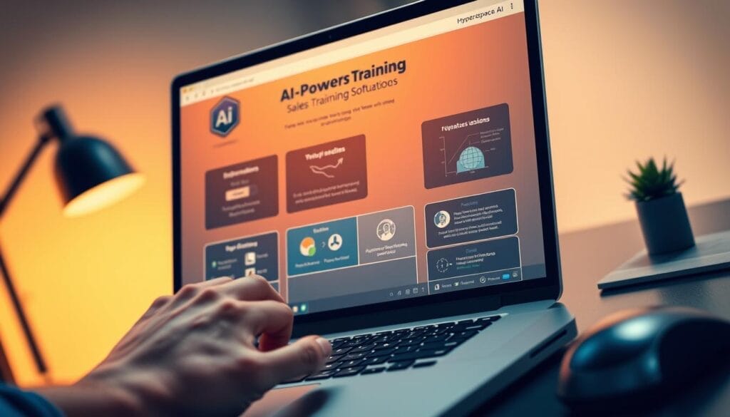 A close-up of a desktop workspace, showcasing a laptop screen displaying a Hyperspace AI sales training software interface. In the foreground, a hand operates the laptop, navigating through interactive lessons and simulations. The middle ground features a sleek, minimalist office setup with a stylish monitor, keyboard, and mouse. The background subtly blurs, creating a sense of depth and focus on the central AI-powered training system. The lighting is soft and warm, creating a productive and immersive atmosphere for the user's AI-driven sales development.