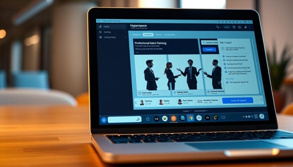 A close-up of a laptop or desktop computer screen displaying a professional sales training session for the Hyperspace AI platform. The screen shows a well-designed user interface with clean lines, intuitive controls, and a sleek, modern aesthetic. In the foreground, virtual sales agents engage in role-playing exercises, their movements and facial expressions conveying a sense of focus and collaboration. The background is softly blurred, hinting at a minimalist office or conference room setting, creating a sense of professionalism and productivity. The lighting is warm and directional, adding depth and dimension to the scene.