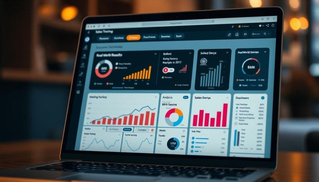 A close-up of a laptop or mobile device screen displaying the Hyperspace AI sales training platform's dashboard. The interface showcases detailed analytics, charts, and graphs highlighting the real-world results and success stories of the AI-powered sales training program. The screen is bathed in a soft, warm lighting, creating a professional and polished atmosphere. The background is blurred, placing the screen and its content as the focal point, emphasizing the impactful data and insights delivered by the Hyperspace AI sales training solution.