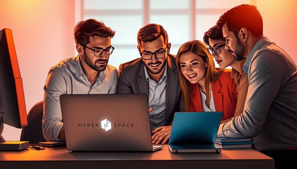 A close-up shot of a team of sales professionals gathered around a laptop, deep in discussion. The scene is set on a stylish, minimalist desktop, with the Hyperspace logo prominently displayed. Warm, directional lighting illuminates the team, creating a focused and collaborative atmosphere. The group's expressions convey a sense of engagement and problem-solving as they review sales data and strategy on the laptop screen. The background is blurred, keeping the attention on the team's interaction and the benefits of their AI-powered sales mentoring session.