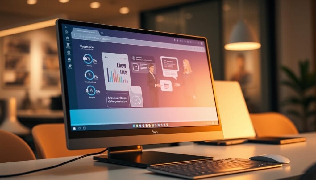 A close-up view of a Hyperspace AI-powered sales training simulation on a sleek, minimalist desktop computer. The screen displays a stylized 3D model of a salesperson guiding a customer through a product demonstration, their interactions highlighted by dynamic data visualizations. The scene is bathed in warm, ambient lighting, conveying a sense of focus and productivity. In the background, a blurred office environment suggests a professional, collaborative setting. The overall composition emphasizes the seamless integration of AI technology into the sales training process, promoting efficiency and skill development.