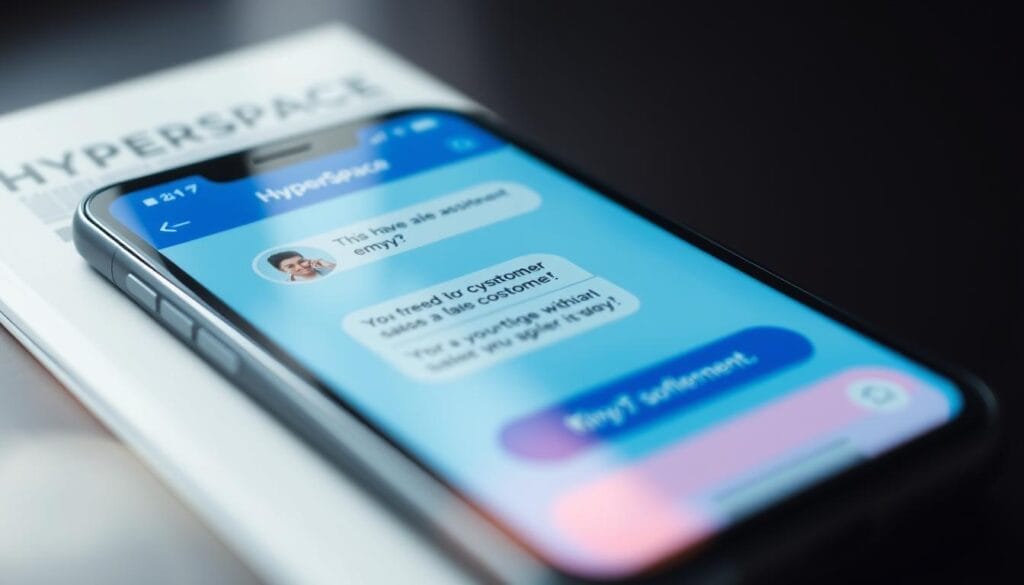 A close-up view of a Hyperspace-branded mobile device displaying an AI-driven customer engagement interface. The screen shows a rich, conversational chat interaction with a virtual sales assistant, their words and expressions conveying warmth and empathy. The interface features clean, minimalist design with vibrant color accents. Soft, directional lighting from the side creates depth and highlights the tactile, premium feel of the device. The background is blurred, placing the engaging customer experience at the center of attention.