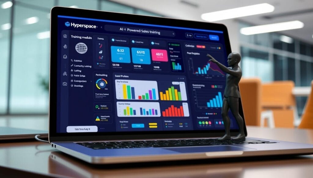 A close-up view of a Hyperspace laptop screen displaying an interactive AI-powered sales training dashboard. The interface features colorful data visualizations, customizable training modules, and intuitive controls. In the foreground, a stylized 3D model of a salesperson avatar demonstrates techniques, their movements crisp and lifelike. The background blurs into a sleek, minimalist office setting, hinting at the broader integrations and enterprise-level deployment of this AI training system. The overall tone is one of efficiency, empowerment, and a forward-thinking approach to sales enablement.
