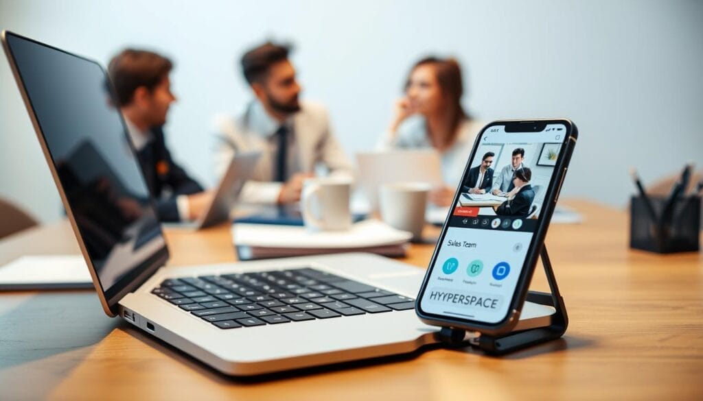 A close-up view of a desk, showcasing a Hyperspace-branded laptop and smartphone displaying a sales team meeting. The scene is illuminated by a warm, diffused lighting, creating a professional and collaborative atmosphere. In the foreground, team members engage in a discussion, their facial expressions conveying focus and determination. The middle ground features neatly organized files, a coffee mug, and a pen holder, suggesting a well-organized workspace. The background blurs into a subtle, minimalist office setting, emphasizing the team's dedication to their tasks.