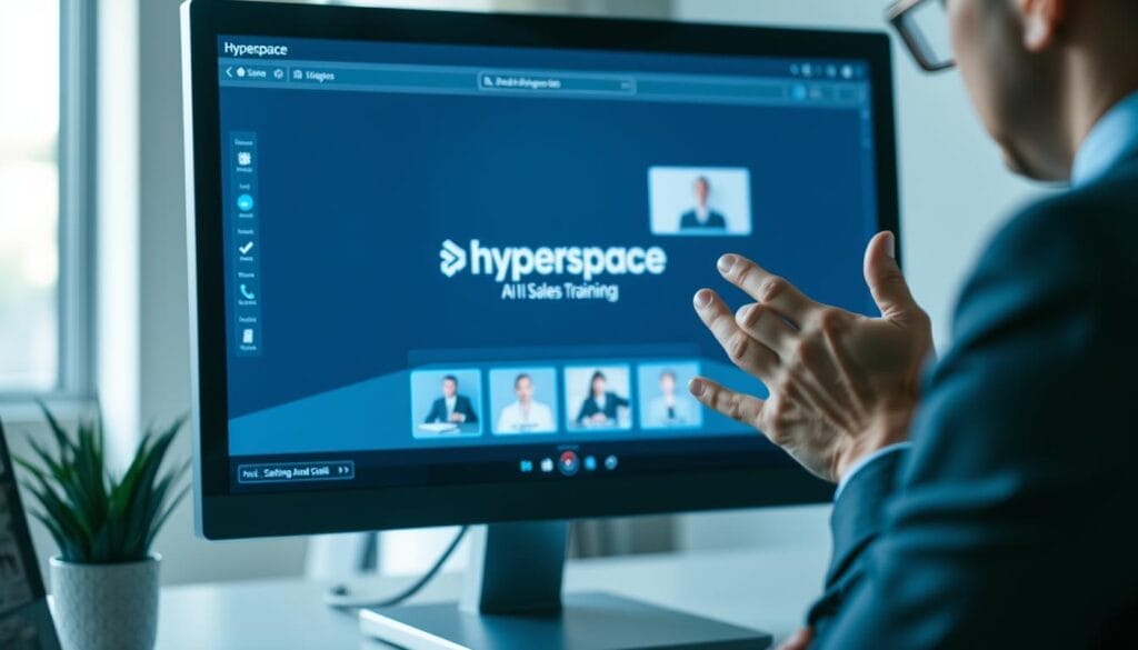A close-up view of a desktop computer screen displaying an AI-powered sales training application. The interface features sleek, minimalist design elements in shades of blue and gray, with the "Hyperspace" logo prominently displayed. In the foreground, a sales representative interacts with the application, gesturing towards the screen as virtual training scenarios unfold. The background is blurred, creating a sense of focus on the AI-driven interactions. The lighting is soft and diffused, creating a professional, technology-driven atmosphere. The overall mood conveys the power of AI to enhance and streamline sales training, supporting the section title "Understanding the Role of AI in Sales Training".