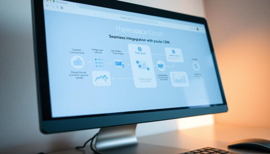 A close-up view of a desktop computer screen, displaying the Hyperspace AI Sales Coach interface. The screen shows a stylized process diagram depicting the seamless integration of the Hyperspace platform with popular CRM software. Elegant data visualizations and intuitive user controls demonstrate the effortless sync between customer records, sales pipelines, and Hyperspace's AI-powered insights. The scene is illuminated by soft, diffused lighting, creating a professional and polished atmosphere. The composition emphasizes the clean, modern design of the Hyperspace brand, inviting the viewer to imagine the powerful capabilities of this AI sales assistant.