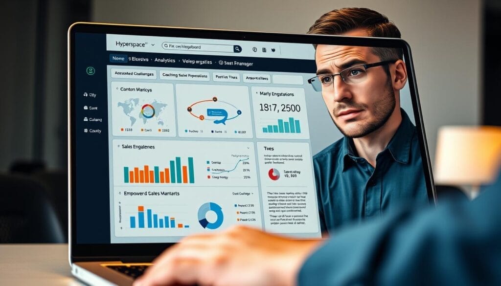 A close-up view of a desktop or laptop computer screen displaying a sales coaching dashboard from the "Hyperspace" platform. In the foreground, various analytics charts, performance metrics, and coaching recommendations are shown, providing insights to overcome common challenges such as low engagement, inconsistent training, and difficulty tracking progress. The middle ground features a thoughtful, focused sales manager reviewing the dashboard, their expression conveying determination to empower their team. The background blurs softly, evoking a professional, modern office environment with muted tones and minimal distractions, guiding the viewer's attention to the core subject matter.