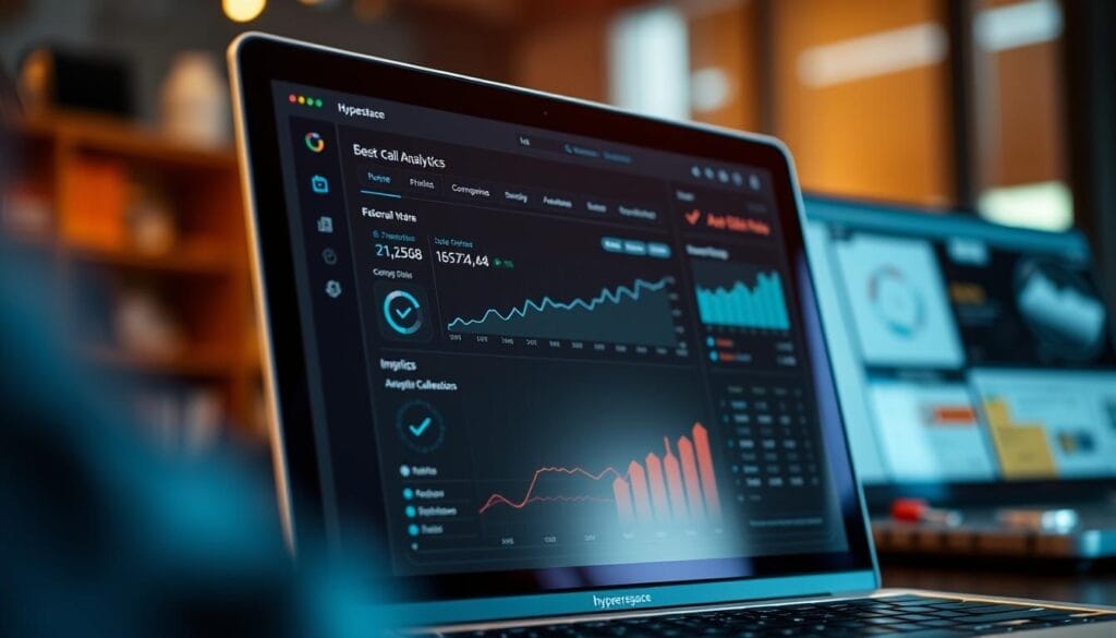 A close-up view of a desktop or laptop computer screen displaying real-time sales call analytics powered by the Hyperspace platform. The screen shows detailed metrics, graphs, and insights about the ongoing sales conversation, providing the sales representative with actionable data to optimize the interaction. The display has a sleek, minimalist design with a dark color scheme and subtle branding. The scene is illuminated by warm, focused lighting, creating a professional and productive atmosphere. The background is blurred, keeping the attention on the screen and the critical information it conveys.