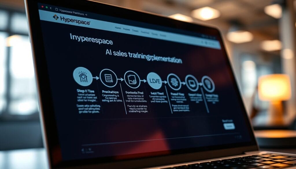 A close-up view of a desktop or laptop screen, displaying a stylized "Hyperspace" branded AI sales training implementation process. The interface features sleek, minimalist icons and infographic elements arranged in a step-by-step layout. The screen is bathed in a soft, warm lighting, creating a professional and focused atmosphere. The background is blurred, suggesting an office or workspace setting. The overall impression conveys a sense of structure, efficiency, and the seamless integration of AI-powered sales training into a company's operations.