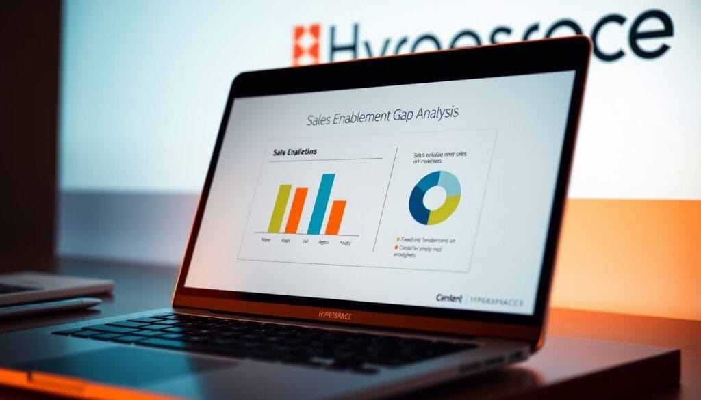 A close-up view of a laptop or desktop computer screen, displaying a presentation slide titled "Sales Enablement Gap Analysis" against a sleek, minimalist Hyperspace brand backdrop. The slide features a bar chart and pie chart visualizing sales data, with annotations and insights. The screen is bathed in warm, directional lighting, creating a professional and focused atmosphere. The overall composition suggests a thoughtful, data-driven approach to assessing sales enablement needs.