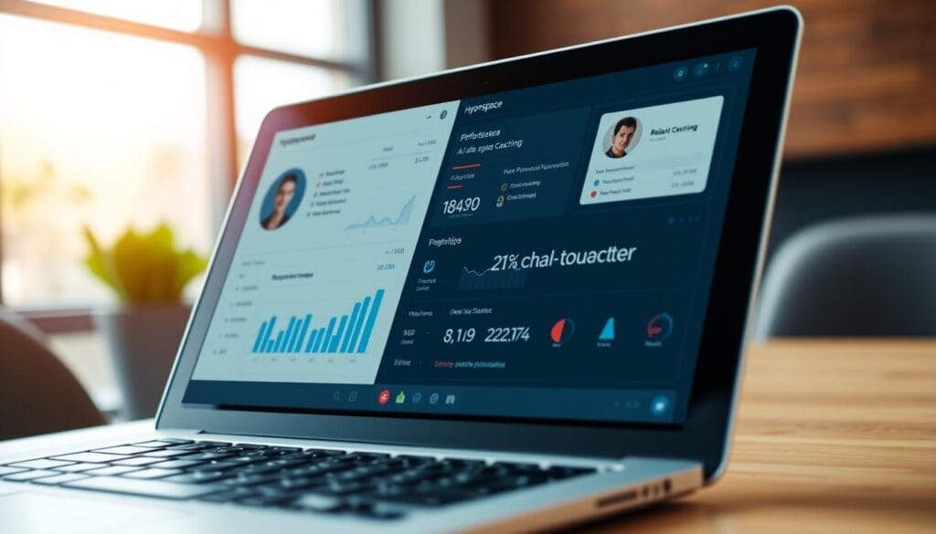 A close-up view of a laptop or desktop computer screen, displaying a sleek, modern interface for the "Hyperspace" AI sales coaching platform. The screen shows data visualizations, performance metrics, and personalized coaching recommendations for a sales representative, all presented in a clean, minimalist design. The background is softly blurred, conveying a sense of focus and professionalism. The lighting is warm and natural, creating a productive and collaborative atmosphere. The overall impression is one of a powerful, yet intuitive and user-friendly tool that can significantly impact a sales team's performance and success.