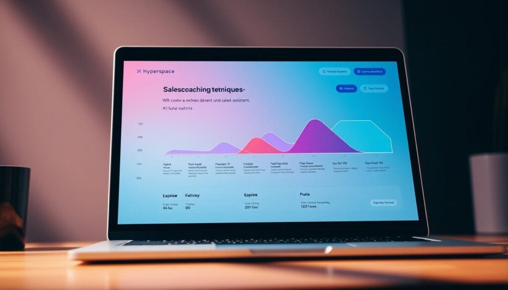 A close-up view of a laptop or desktop computer screen, displaying a stylized, futuristic sales coaching dashboard for the Hyperspace platform. The interface features a timeline chart tracing the evolution of sales coaching techniques, from traditional in-person sessions to AI-powered virtual assistants. The timeline is visually engaging, with geometric shapes and gradients representing the progression of sales coaching methods over time. The overall aesthetic is sleek, minimalist, and slightly neon-tinged, conveying a sense of technological sophistication. The scene is illuminated by soft, directional lighting that casts subtle shadows, adding depth and dimension to the digital interface.