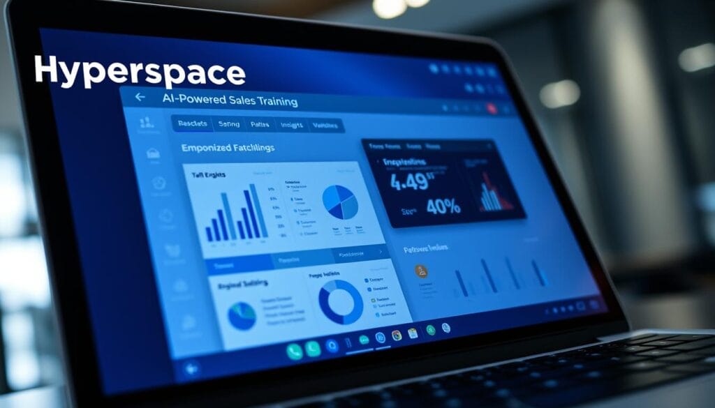 A close-up view of a laptop or desktop computer screen displaying an AI-powered sales training program. The Hyperspace brand logo is prominently featured in the top left corner. The screen shows a dynamic dashboard with interactive charts, graphs, and personalized insights to guide sales professionals through engaging and immersive training modules. The scene is illuminated by soft, indirect lighting, creating a modern, sophisticated atmosphere. The overall composition conveys the transformative potential of AI-driven sales training solutions.