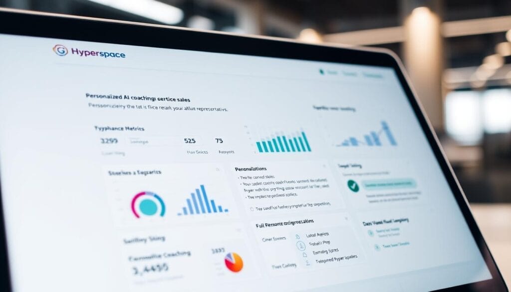 A close-up view of a laptop or mobile device screen displaying a personalized AI coaching interface for sales representatives. The screen features a Hyperspace brand logo, with a sleek and modern design. In the foreground, data visualizations, performance metrics, and personalized coaching tips are prominently displayed, guiding the sales rep through their daily activities. The middle ground showcases a clean, minimalist user interface with intuitive controls and navigation. The background suggests a professional, office-like environment, with subtle lighting and a sense of focus and productivity.