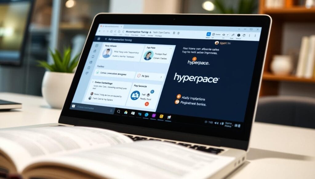 A close-up view of a laptop or mobile device screen displaying a sales conversation training session. The screen shows an interactive interface with various tools and features for analyzing and improving sales dialogues. The interface has the Hyperspace brand logo prominently displayed. The scene is well-lit, with a clean and professional atmosphere, conveying a sense of focus and productivity. The background is blurred, drawing the viewer's attention to the training interface on the device's screen.