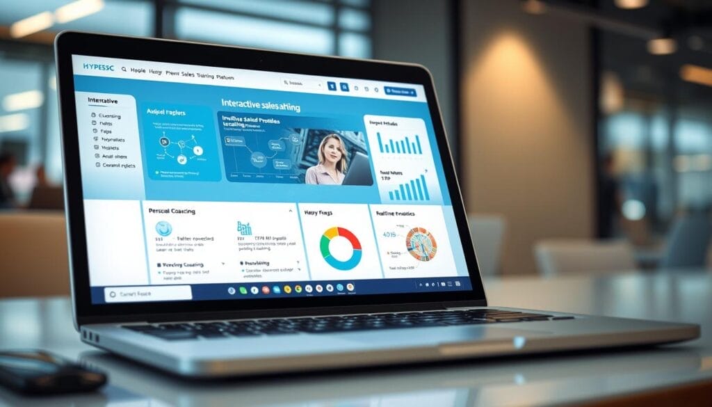 A close-up view of a laptop or mobile device screen displaying an interactive AI-powered sales training platform called "Hyperspace". The interface features intuitive data visualizations, personalized coaching modules, and real-time performance analytics. The screen is well-lit, with a clean, modern aesthetic. The background suggests a professional office or workspace setting, with subtle hints of technology and productivity. The overall mood is one of focus, engagement, and the empowerment of sales professionals through cutting-edge AI-driven training.
