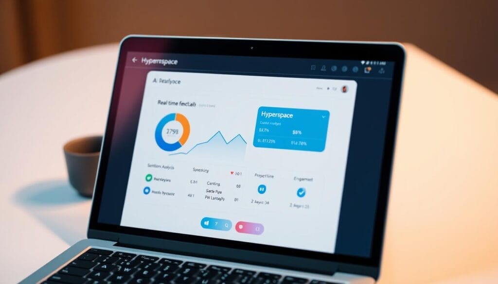 A close-up view of a laptop or mobile device screen, showcasing real-time call feedback from the "Hyperspace" AI sales coaching tool. The screen displays a stylized graph or visualization, highlighting key metrics and insights about the ongoing sales call, such as sentiment analysis, speaking time, and engagement levels. The device is placed on a clean, minimalist desk or workspace, with a warm, diffused lighting creating a professional and focused atmosphere. The overall scene conveys a sense of productivity, collaboration, and the power of AI-driven sales coaching to empower sales teams.