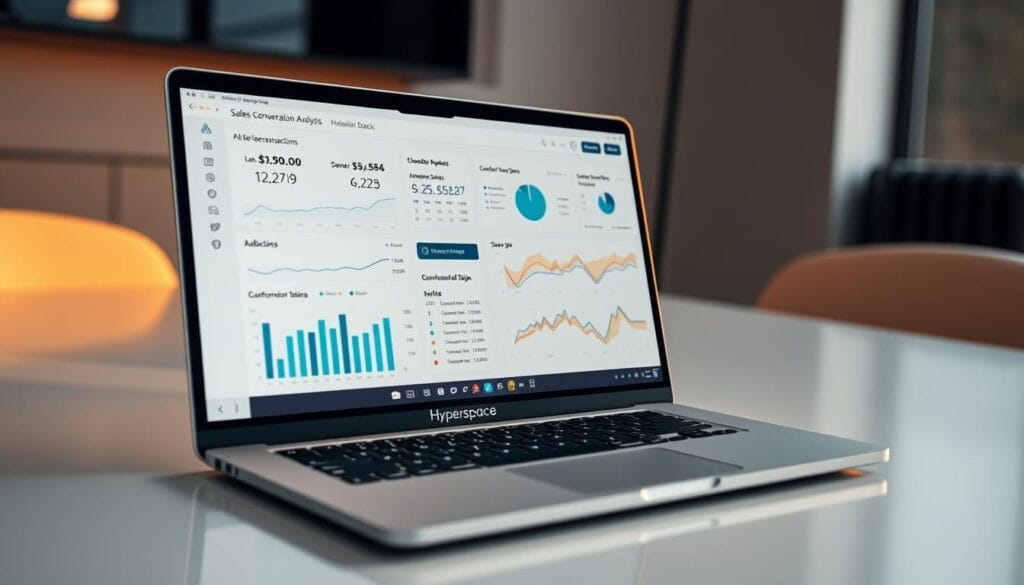 A close-up view of a laptop screen displaying a sales conversation analysis dashboard. The screen shows detailed metrics, charts, and visualizations tracking customer interactions, conversion rates, and sales performance. The dashboard interface has the Hyperspace brand logo prominently displayed. The laptop is positioned on a modern, minimalist desk with a clean, professional atmosphere. Warm, directional lighting casts subtle shadows, creating depth and highlighting the analytical data on the screen. The overall scene conveys a sense of productivity, data-driven insights, and the power of AI-enabled sales coaching solutions.