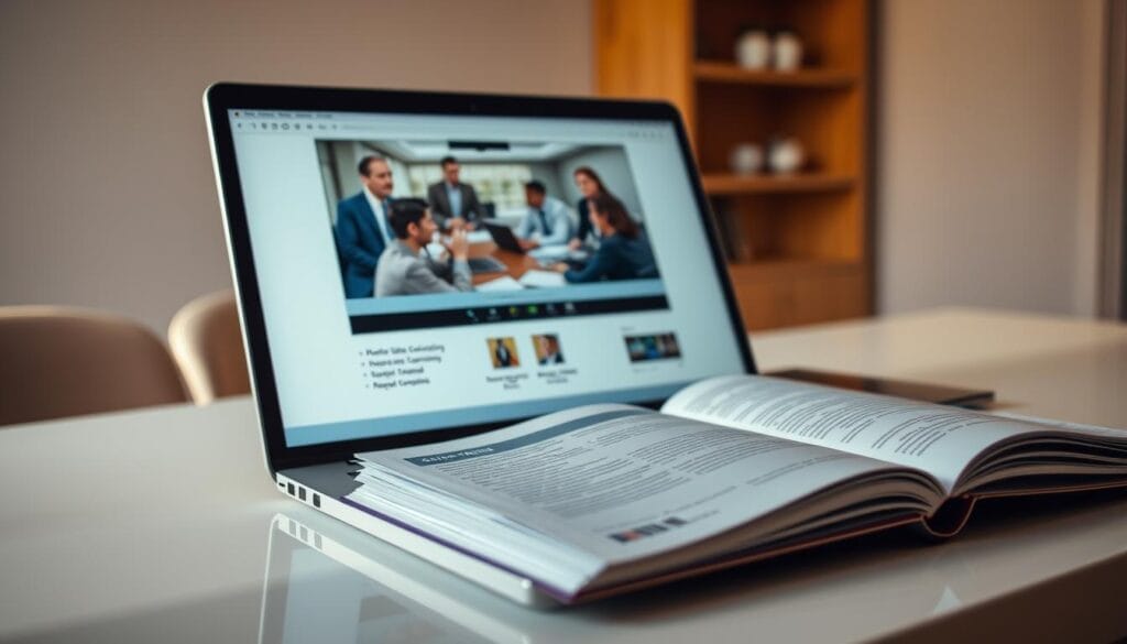 A close-up view of a laptop screen displaying a virtual sales training session. The screen shows a group of salespeople in a video conference, engaged in a dynamic discussion. The laptop is placed on a clean, minimalist desk with a Hyperspace logo prominently displayed. Warm, natural lighting illuminates the scene, creating a professional and productive atmosphere. The overall composition conveys the key benefits of virtual sales coaching, such as remote collaboration, personalized feedback, and continuous skill development.