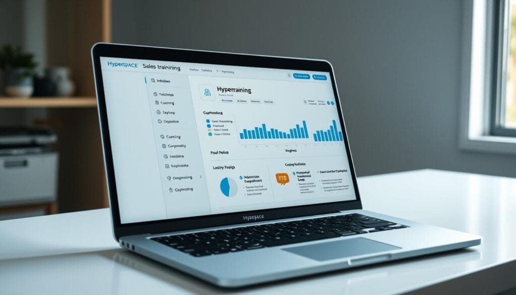 A close-up view of a laptop screen displaying an AI-powered sales training platform called "Hyperspace". The screen showcases a sleek, minimalist user interface with intuitive menus, interactive charts, and personalized coaching recommendations. The laptop is set on a clean, well-lit desk, creating a professional and focused atmosphere. The lighting is soft and diffused, highlighting the screen's content and creating a sense of depth and dimension. The overall mood is one of productivity, innovation, and a forward-thinking approach to sales enablement.