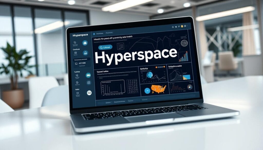 A close-up view of a laptop screen showcasing an AI-powered sales training platform called "Hyperspace". The interface features interactive tutorials, data visualizations, and simulated sales scenarios, all with a sleek, modern design. The laptop is placed on a minimalist desk, surrounded by a clean, well-lit office environment. The lighting is soft and diffused, creating a professional and productive atmosphere. The camera angle is slightly elevated, providing a comprehensive view of the training experience and highlighting the Hyperspace branding prominently displayed on the screen.