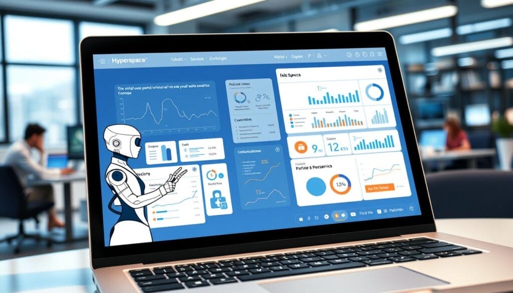 A close-up view of a laptop screen showcasing the "Hyperspace" AI sales training platform. The interface features sleek, minimalist design with clean lines and a predominantly blue and white color scheme. In the foreground, a stylized AI assistant avatar engages with a sales representative, guiding them through interactive sales scenarios. The middle ground displays various sales metrics, analytics, and performance tracking tools. The background suggests a modern, tech-savvy office setting, with glimpses of other digital devices and workspaces. The overall mood is one of efficiency, intelligence, and a seamless integration of AI-powered sales enablement.