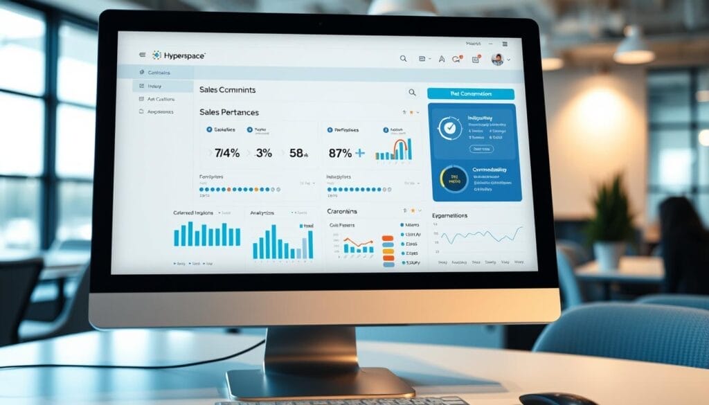 A close-up view of a modern desktop computer screen displaying an interactive sales coaching dashboard. The dashboard features a sleek, minimalist design with a Hyperspace brand logo prominently displayed. The screen shows various performance metrics, analytical insights, and personalized coaching recommendations for a sales representative. The scene is illuminated by soft, directional lighting, creating a professional and focused atmosphere. The background is blurred, suggesting a contemporary office environment. The overall impression conveys the power of intelligent, data-driven sales coaching to boost performance and drive success.