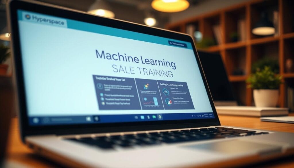 A close-up view of a modern desktop or laptop computer screen, displaying a presentation slide titled "Machine Learning Sales Training" with the Hyperspace brand logo prominently featured. The slide features a sleek, minimalist design with clean typography and intuitive data visualizations, conveying a sense of professionalism and expertise. The screen is bathed in a warm, ambient lighting, creating a cozy and focused atmosphere, ideal for a sales training session. The background is slightly blurred, suggesting a workspace or office setting, with just enough detail to provide context without distracting from the central image.