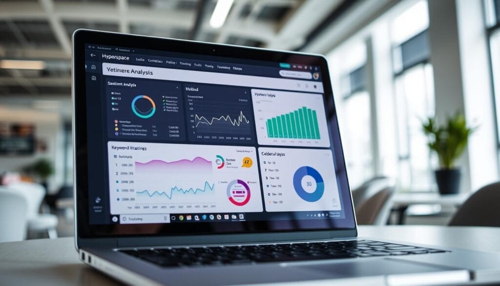 A close-up view of a modern desktop or laptop screen displaying various call analysis techniques. The screen shows a Hyperspace-branded software interface with intuitive visualizations, graphs, and data-driven insights. The interface showcases sentiment analysis, keyword extraction, call duration tracking, and other advanced call analytics tools. The desktop or laptop is situated in a well-lit, contemporary office setting with clean lines, neutral tones, and subtle branding elements. The overall mood is one of technological sophistication, productivity, and data-driven decision making.