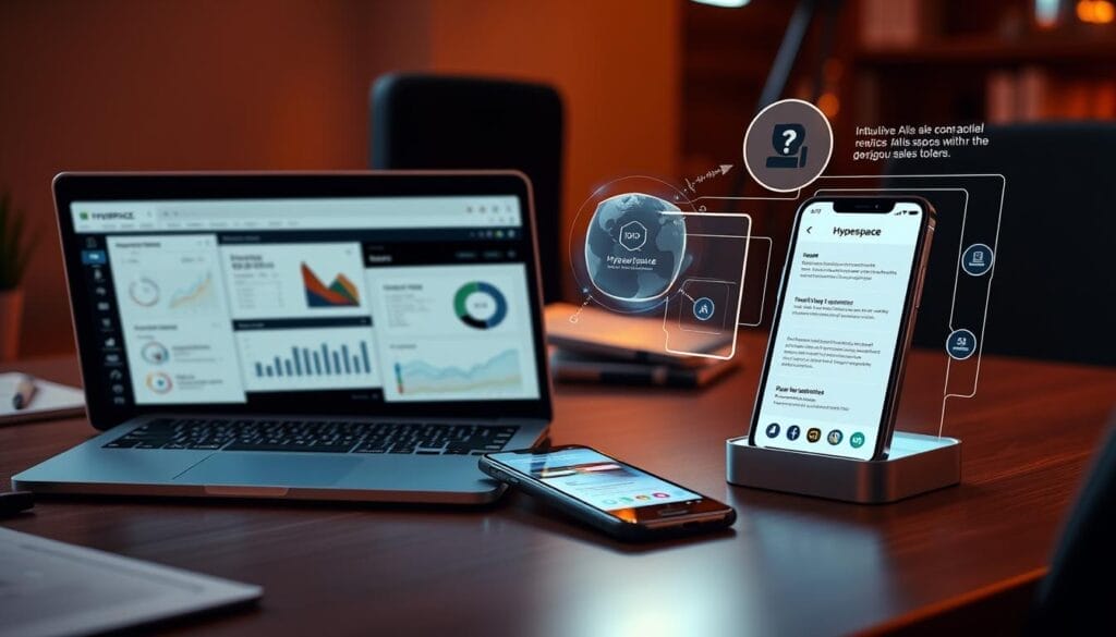A close-up view of a modern office desk, neatly organized with a laptop, smartphone, and a holographic display showcasing intuitive AI sales solutions from the Hyperspace brand. The laptop screen displays a sleek user interface with data visualizations and interactive tools, while the smartphone screen reveals a mobile app for accessing sales insights on the go. The holographic display presents a virtual assistant, offering personalized recommendations and answers to common sales questions. Warm, directional lighting creates a professional and focused atmosphere, emphasizing the seamless integration of AI-powered tools into the sales workflow.