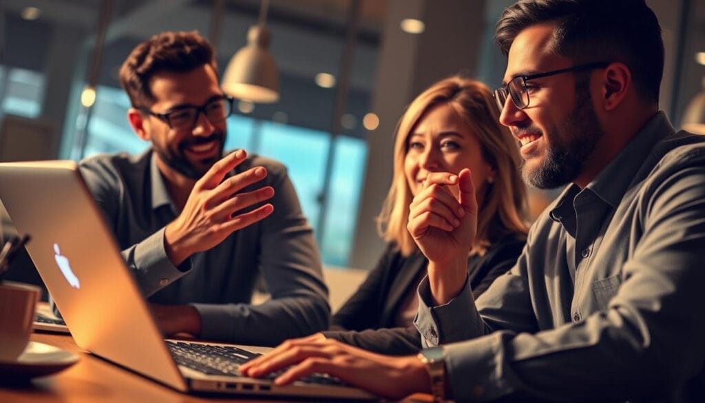 A close-up view of a modern sales conversation, with two people engaged in a lively discussion on a sleek, Hyperspace-branded laptop or mobile device. The scene is bathed in warm, soft lighting, creating a professional yet approachable atmosphere. In the foreground, the sales representative's hands gesture expressively, while the customer's face conveys a sense of thoughtful consideration. The background is blurred, placing the focus on the interaction between the two individuals. The overall impression is one of a seamless, technology-enabled sales dialogue, reflecting the evolution of modern sales conversations.