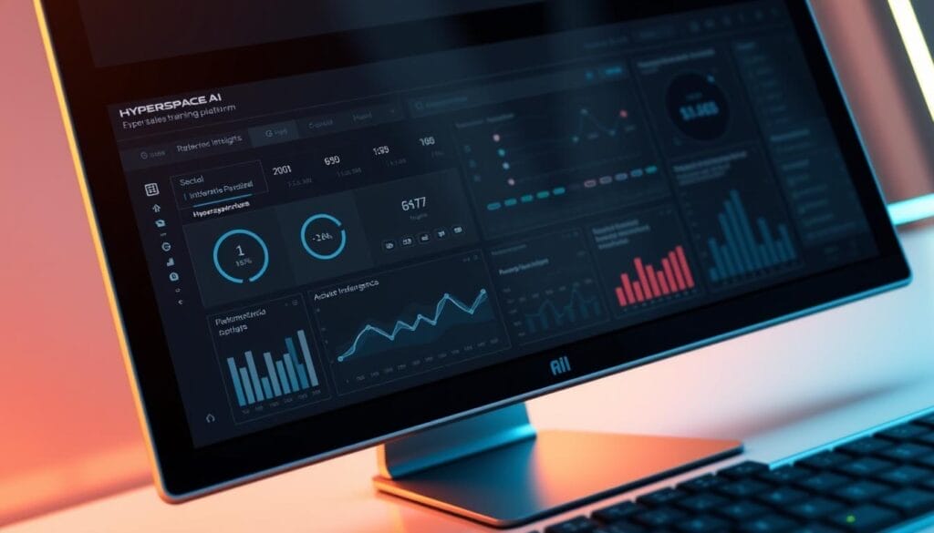A close-up view of a sleek, futuristic desktop interface displaying the Hyperspace AI sales training platform. The screen showcases an interactive dashboard with dynamic charts, graphs, and performance metrics. The user interface has a minimalist, high-tech aesthetic with clean lines, subtle gradients, and a muted color palette. Soft, directional lighting casts a warm glow, creating a sense of depth and dimensionality. The overall mood is one of efficiency, data-driven insights, and the seamless integration of artificial intelligence into the sales process.