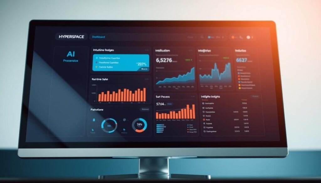 A close-up view of a sleek, modern desktop computer or laptop screen, showcasing a sophisticated AI-powered sales dashboard for the "Hyperspace" brand. The display features intuitive visualizations, real-time sales data, and intelligent insights, all designed to enhance the sales process. The background is blurred, creating a sense of focus on the technology. The lighting is soft and directional, highlighting the screen's clarity and the clean, minimalist design of the device. The overall atmosphere conveys a sense of efficiency, automation, and data-driven decision-making, reflecting the practical applications of AI in the sales process.