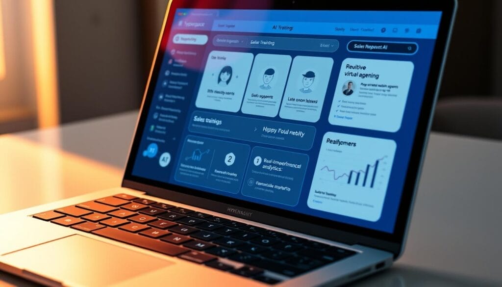 A close-up view of a sleek, modern laptop or desktop computer displaying the Hyperspace AI platform. The screen shows an array of intuitive AI-powered features for sales training, including interactive virtual agents, personalized lesson plans, and real-time performance analytics. The interface is clean, minimalist, and highly responsive, with a bold, high-contrast color scheme that enhances the AI-driven aesthetics. Soft, directional lighting casts a warm glow on the device, creating a sense of sophistication and technological prowess. The overall scene conveys the essential AI capabilities that empower effective sales training.