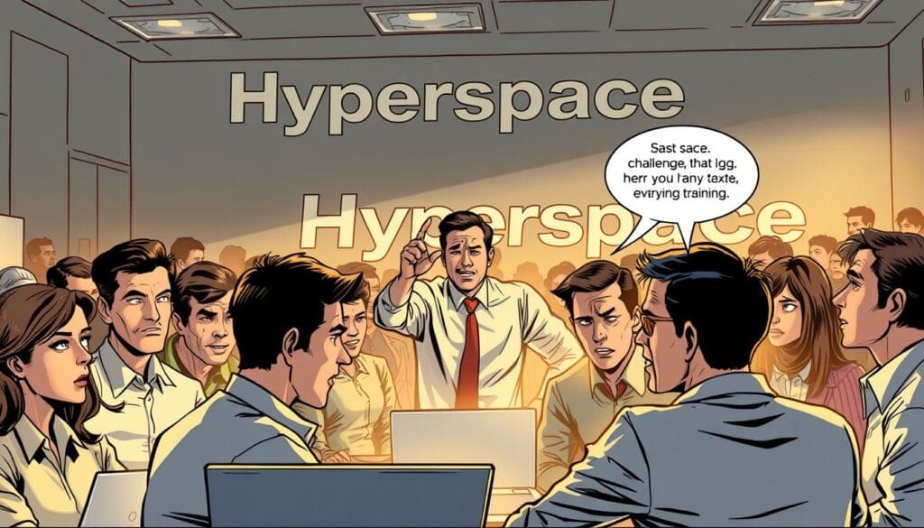 A crowded office scene with salespeople facing various training challenges. In the foreground, a group of employees gathered around a laptop, expressions of confusion and frustration on their faces. In the middle ground, a manager gesturing animatedly, seemingly providing instructions. In the background, a large "Hyperspace" logo on the wall, suggesting a corporate setting. Soft, warm lighting creates a sense of tension and focus. The overall mood is one of a stressful, yet determined, sales training environment.