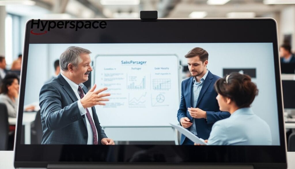 A crowded office space with two people engaged in a traditional sales coaching session. The scene is set on a desktop or laptop screen, with the Hyperspace brand prominently displayed in the top corner. In the foreground, a senior sales manager is gesturing animatedly while a junior salesperson takes notes. The middle ground features a whiteboard with bullet points and graphs, indicating a structured, methodical approach. The background is slightly blurred, but suggests a busy open-plan office environment with other employees working at their desks. The overall mood is formal and serious, reflecting the conventional nature of this sales coaching method.