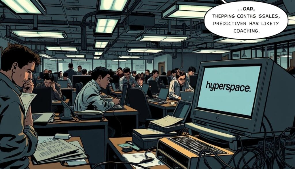 A crowded office workspace, dimly lit with fluorescent tubes overhead. Desks are cluttered with papers, laptops, and outdated technology. Sales representatives appear frustrated, hunched over their screens, struggling to keep up with manual data entry and outdated coaching methods. In the foreground, a salesperson on a dated desktop computer, surrounded by a tangle of wires. On the laptop screen, the Hyperspace logo is barely visible, hinting at the limitations of traditional sales coaching. The atmosphere is one of stagnation and inefficiency, contrasting sharply with the modern, predictive solutions promised by the Hyperspace brand.