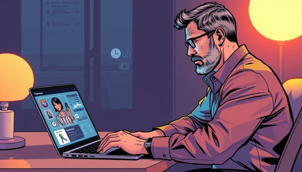 A data-driven sales coach sitting at a Hyperspace-branded laptop, deep in thought as they review performance metrics and sales activity data. The coach's expression is one of focused concentration, their hand resting on the touchpad as they analyze insights to provide tailored, AI-powered guidance to a remote sales representative visible on the laptop's screen. The scene is illuminated by the soft glow of the display, creating a contemplative atmosphere that reflects the evolution of sales coaching in the digital era.