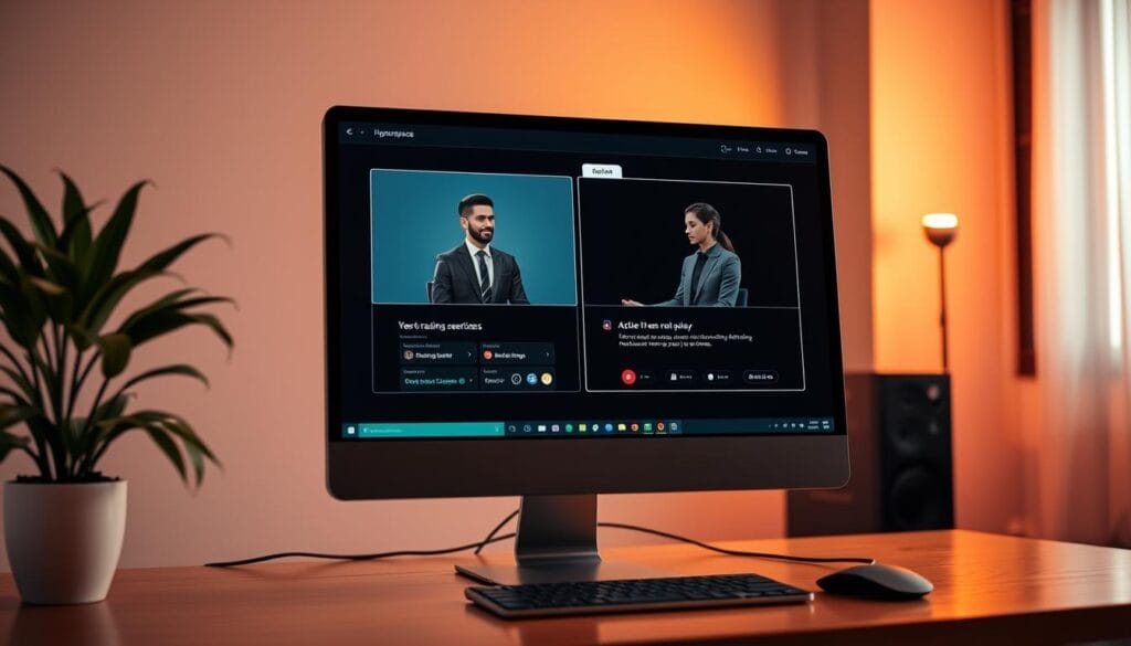 A desktop computer display showcases a collaborative role-play scenario between two Hyperspace AI sales agents. The scene features a sleek, minimalist user interface with intuitive controls, allowing the agents to seamlessly engage in interactive training exercises. The environment is bathed in warm, diffused lighting, creating a focused and professional atmosphere. The display angle captures the essence of the Hyperspace platform, highlighting its ability to revolutionize sales training through scalable, AI-powered role-play experiences.