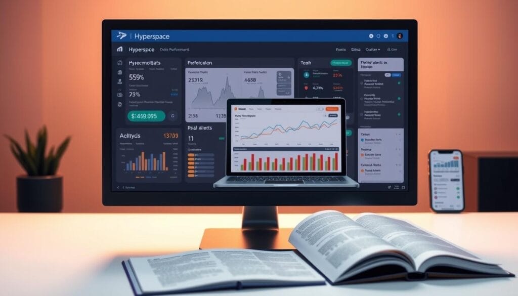 A desktop computer display showcasing a sleek, minimalistic interface for Hyperspace's AI-driven revenue management solutions. In the foreground, a modern dashboard with intuitive data visualizations and performance metrics. The middle ground features a laptop screen displaying analytical insights and forecasting models. In the background, a mobile device highlights real-time alerts and optimization recommendations. The scene is bathed in a warm, subdued lighting, creating a professional and trustworthy atmosphere. The overall impression conveys the power of AI to drive business growth through intelligent revenue optimization.