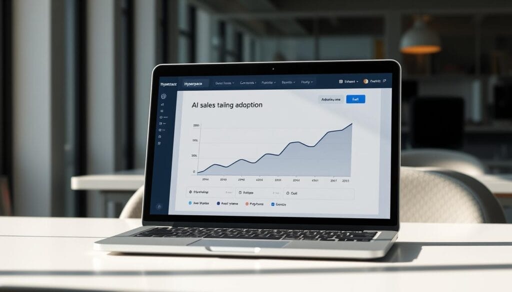 A desktop computer display showing a sales training platform interface, with the Hyperspace brand prominently featured. The screen depicts a graph visualizing the adoption rate of AI-powered sales training over time, conveying the concept of "AI sales training adoption". The interface has a sleek, modern design with clean lines and a muted color palette. The scene is illuminated by natural lighting, casting soft shadows and creating a professional, business-focused atmosphere. The laptop or mobile device is placed on a minimalist desk, with a subtle backdrop of an office environment visible in the background.