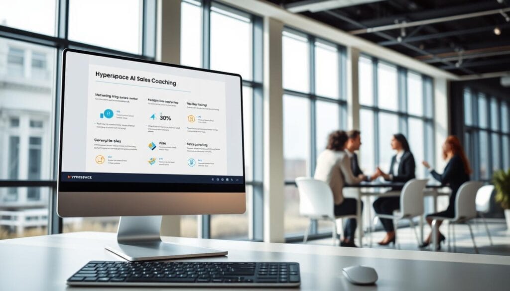 A desktop computer display showing a sleek, minimalist user interface for the Hyperspace AI sales coaching platform. In the foreground, a presentation slide with insights on sales coaching, including data visualizations and motivational quotes. The middle ground features a team of sales professionals engaged in an interactive coaching session, with the Hyperspace logo prominently displayed. The background showcases a contemporary office setting with large windows, providing a sense of professionalism and productivity. The lighting is soft and natural, creating a warm and inviting atmosphere. The overall scene conveys the benefits of AI-powered sales coaching in boosting performance and driving business success.