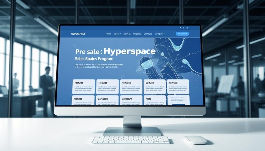 A desktop computer display showing a sleek, modern web interface for the "Hyperspace" SaaS AI Sales Training Program. The interface features a clean, minimalist design with a bold, eye-catching hero section showcasing the program's key features. The middle ground includes neatly organized modules and curriculum, while the background depicts a professional, corporate environment with subtle technology-inspired elements. The overall mood is one of efficiency, professionalism, and a sense of empowerment for sales teams. Lighting is soft and diffused, creating a polished, high-quality appearance.