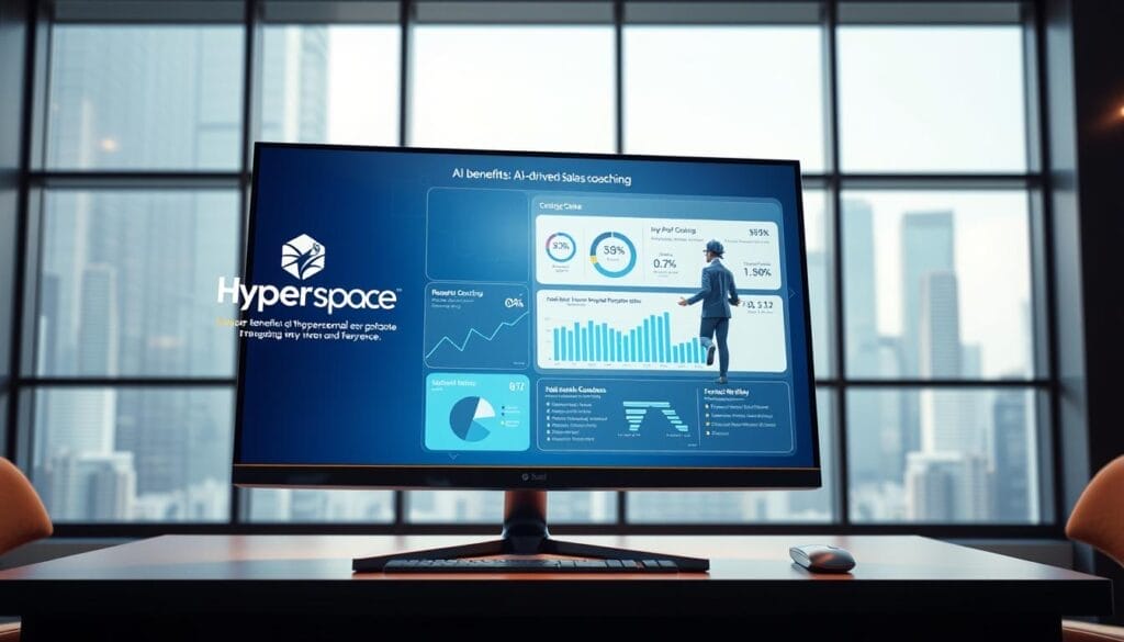 A desktop computer display showing the Hyperspace brand logo, with a stylized, futuristic interface showcasing the benefits of AI-driven sales coaching. In the foreground, a lifelike 3D model of a sales representative receives personalized feedback and guidance, their movements captured in dynamic poses. The middle ground features interactive charts and graphs illustrating key performance metrics, while the background depicts a sleek, minimalist office setting with large windows overlooking a modern cityscape. The lighting is soft and warm, creating a professional and technologically advanced atmosphere.