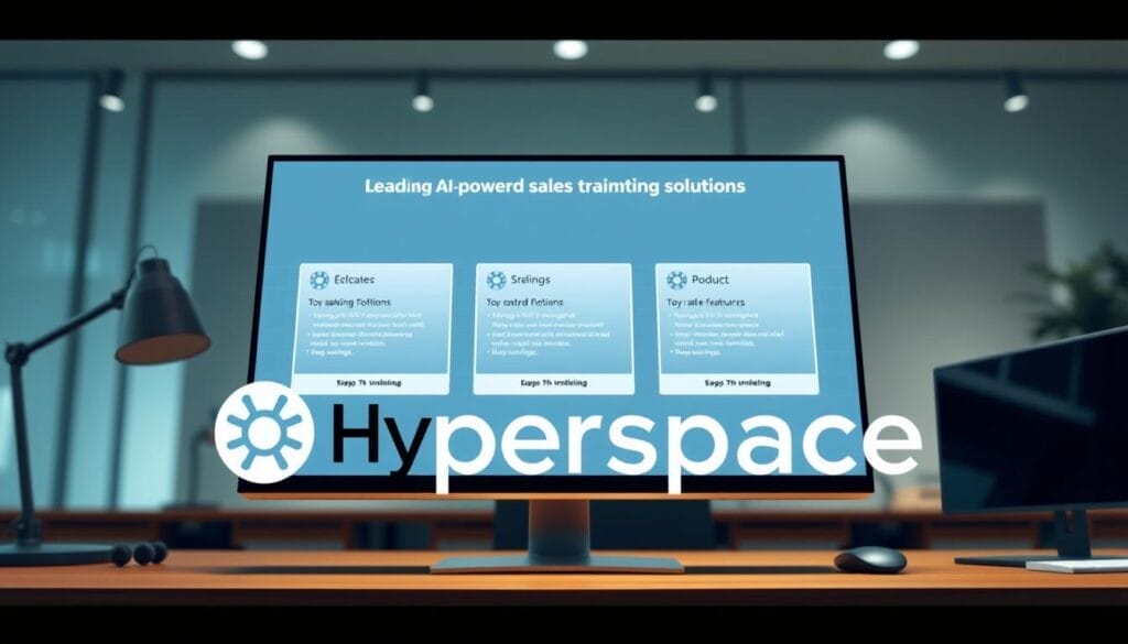 A desktop computer screen displaying a comparison of leading AI-powered sales training solutions. In the foreground, the Hyperspace brand logo is prominently featured, with a sleek, minimalist design. The middle ground showcases three virtual product cards, each highlighting key features and benefits of the different sales training platforms. The background is a clean, professional office setting with subtle lighting, adding a sense of sophistication. The overall mood is one of informed decision-making, with the products presented in a visually compelling and informative manner.
